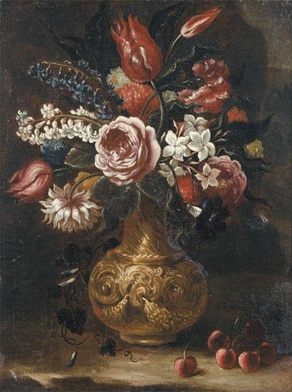 Ecole Italienne du XVIIIe siècle Fleurs dans un vase en bronze doré Huile sur toile....
