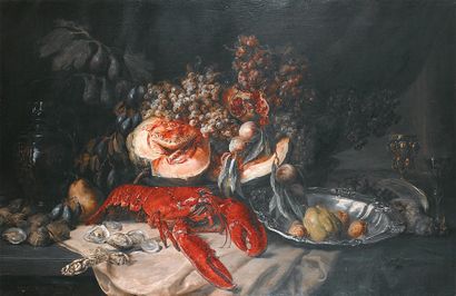 Georg FISCHER-ELPONS (né en 1866 à Berlin) Nature morte au homard, huîtres et corbeille...