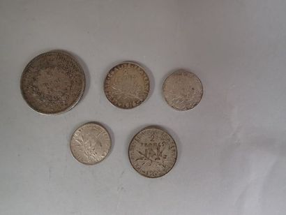 null Lot de pièces anciennes en argent dont 5 francs Hercule 1873, 2 francs semeuse...