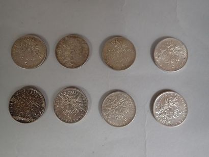 null Lot de 8 pièces en argent de 5 francs type Semeuse 1960 (x2), 1961 (x2), 1962...