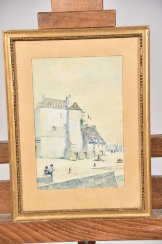 null E. MULLER (XIXe - XXe s). "La capitainerie à Honfleur", aquarelle gouachée signée...