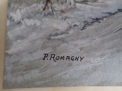 null Pierre ROMAGNY (1909, Montcornet - 2000, Vervins). "Chaumières enneigées". Lavis...