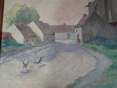 null Jean-Charles MILLET (1892-1944). "Vue d'une église en Bretagne". Huile sur toile...