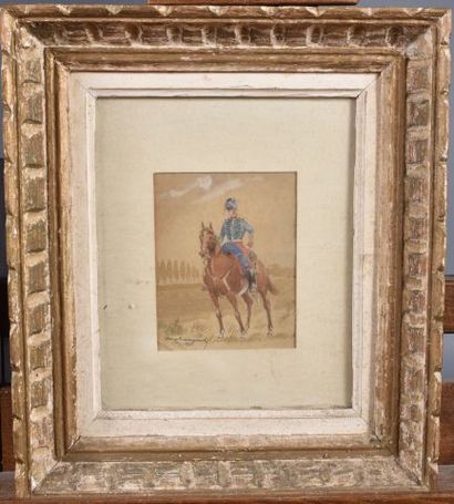 null Georges BEAUGRAND(XXème) « Chasseur à cheval » Aquarelle signée en bas à gauche...