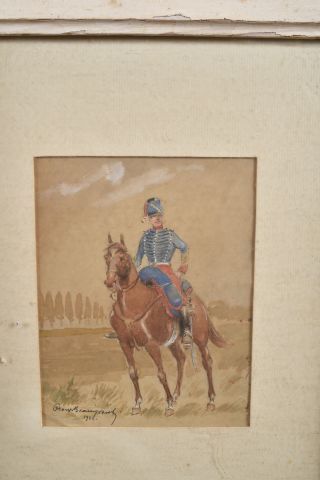 null Georges BEAUGRAND(XXème) « Chasseur à cheval » Aquarelle signée en bas à gauche...
