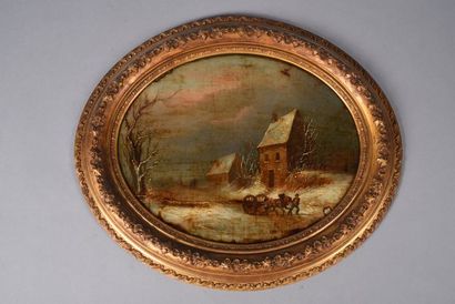 null Louis-Nicolas CHAINBAUX (XIXe siècle), attribué "Paysage aux chaumières en hiver...