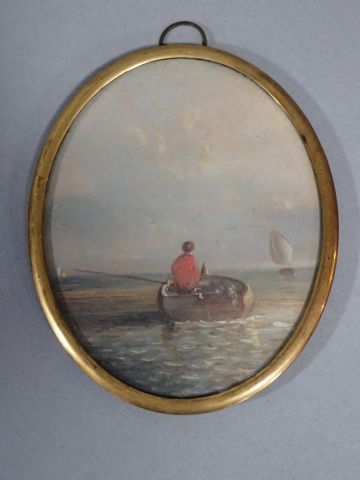 null Miniature ovale figurant un homme dans une barque prenant le large. Annotée...