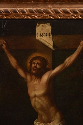 null Ecole flamande du XVIIIe siècle "La Crucifixion du Christ". Huile sur panneau...