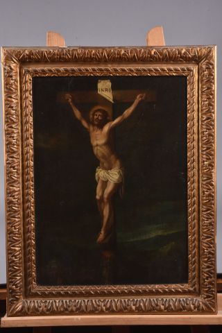 null Ecole flamande du XVIIIe siècle "La Crucifixion du Christ". Huile sur panneau...
