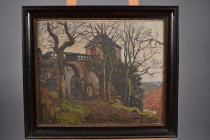 null Germain DAVID-NILLET (1861-1932). "Paysage aux ruines". Huile sur toile signée...