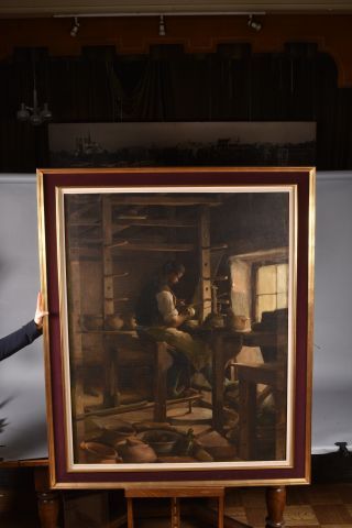 null Léon OLIVIE BON (1863-1901). "Le céramiste dans son atelier". Grande huile sur...