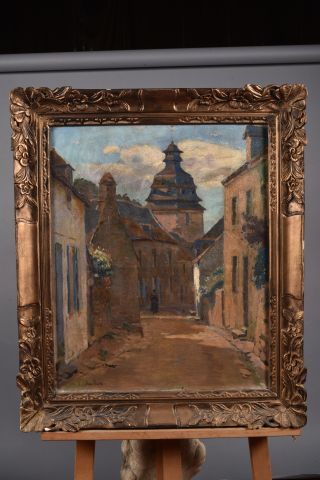 null Joseph Alphonse Chauceur (XIX – XXème siècle) « Rue animée en Bretagne ». Huile...