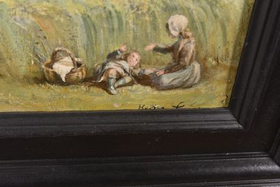 null Hector LEROUX (1829-1900). « Paysage animé au moulin ». Huile sur toile signée...
