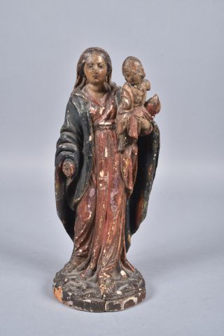 null Statuette en bois sculpté et polychromie représentant la vierge debout avec...