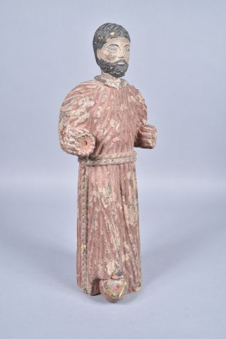 null Statuette en pierre calcaire sculptée et polychromie représentant un moine debout,...