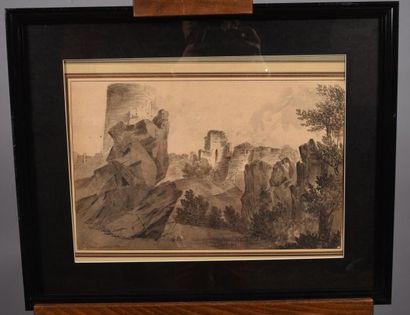 null Théodore GUDIN (1802-1880), attribué à. "Château et rochers d'Hyères". Dessin...