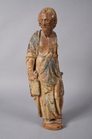 null Ecole française du XVIIe siècle. Statue de Saint en applique en chêne avec traces...