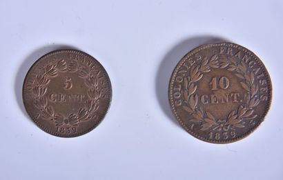 null Lot comprenant 2 pièces de monnaie en bronze. Colonies françaises. 10 centimes...