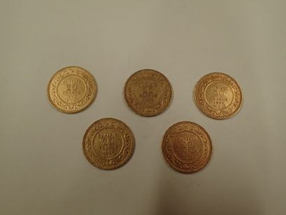 null 5 pièces de 20 francs or Tunisie 1891, 1904, 1892 x 3 (Pds 32,25g)