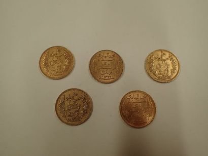 null 5 pièces de 20 francs or Tunisie 1904 x 2, 1892 x 3 (Pds 32,25g)