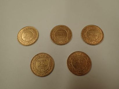 null 5 pièces de 20 francs or Tunisie 1892 x 2, 1904 x 3 (Pds 32,25g)