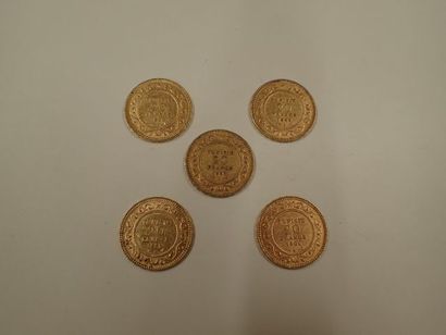 null 5 pièces de 20 francs or Tunisie 1900, 1901, 1897, 1899, 1903 (Pds 32,25g)