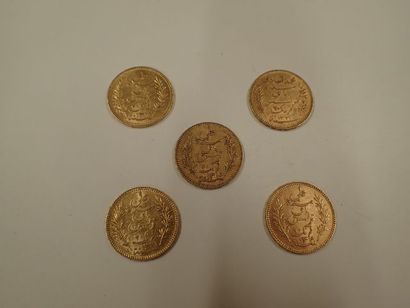 null 5 pièces de 20 francs or Tunisie 1900, 1901, 1897, 1899, 1903 (Pds 32,25g)