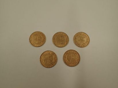 null 5 pièces de 20 francs or Tunisie 1892 x 5 (Pds 32,25g)