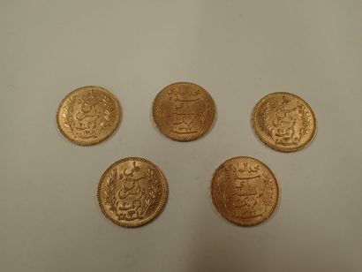 null 5 pièces de 20 francs or Tunisie 1904 x 2, 1892, 1897 x 2 (Pds 32,25g)