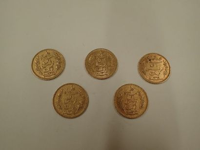 null 5 pièces de 20 francs or Tunisie 1887, 1903, 1892 x 2, 1891 (Pds 32,25g)