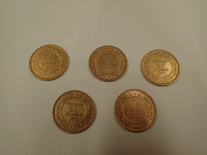 null 5 pièces de 20 francs or Tunisie 1904 x 2, 1892 x 3 (Pds 32,25g)