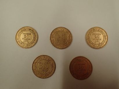 null 5 pièces de 20 francs or Tunisie 1892 x 5 (Pds 32,25g)