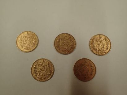 null 5 pièces de 20 francs or Tunisie 1901, 1897 x 2, 1891, 1892 (Pds 32,25g)