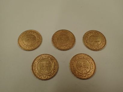 null 5 pièces de 20 francs or Tunisie 1904 x 2, 1892, 1897 x 2 (Pds 32,25g)