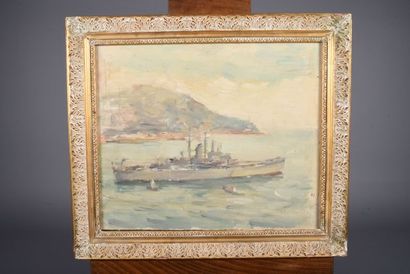 null Horace RICHEBE. 1871-1958- « Croiseur américain dans la brume « huile sur panneau....