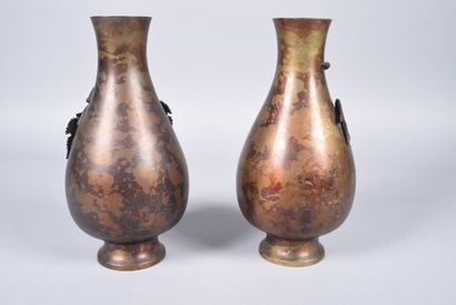 null * Paire de vases en bronze patiné à décor en appliques de pampres. Vers 1900...