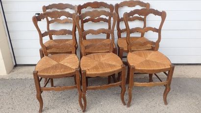 null Ensemble de 6 chaises en bois naturel assises paillées. Travail rustique moderne....