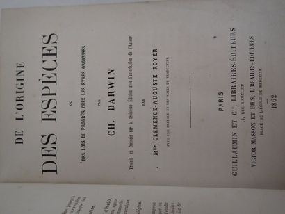 null DARWIN. "De l'Origine des Espèces". Paris, Guillaumin et Cie, 1862. In-12 en...