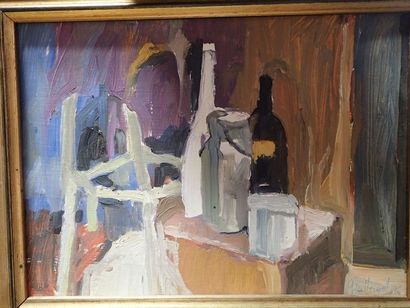 null Jeannine GUILLEMOT BRONSART (1927-) "Nature morte à la bouteille" huile sur...