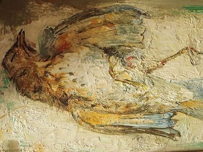 null Gérard DESGRANGES (Né en 1919) « L’oiseau mort dans la neige ». Huile sur panneau...