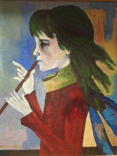 null MASEDA (XXème siècle) "Jeune fille à la flûte"Huile sur toile. ( Accidents au...