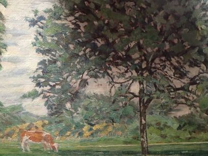 null Léon Barillot (1844-1929) " Paysage à la vache" huile sur toile signée en bas...
