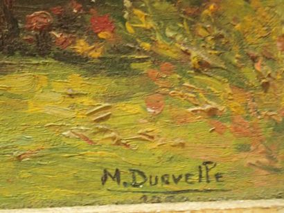 null M. DURVELLE (Xxème siècle) - Cour de ferme avec poules" Huile sur panneau signée...