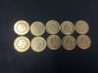 10 pièces de 20 francs or Genie (4x1897,...