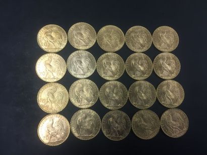 Lot de 20 pièces de 20 francs or, année 1907....