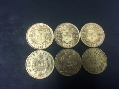 6 pièces de 20 Francs or, années 1856, 1867,...