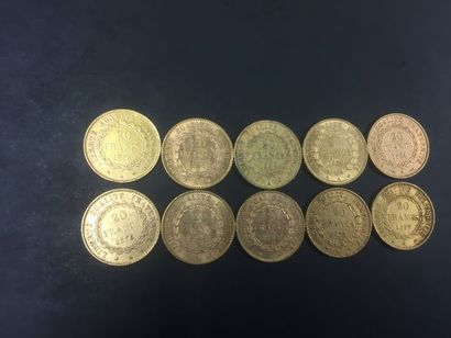 10 pièces de 20 francs or Genie (1x1849,...