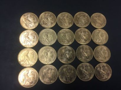 Lot de 20 pièces de 20 francs or, année 1907...