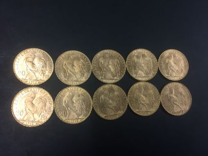 10 pièces de 20 francs or Coq ( 2 x 1914,...