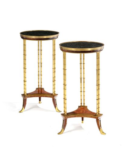  Pair of Louis XVI style pedestal tables after a model by Adam Weisweiler, 20th c.,... Gazette Drouot